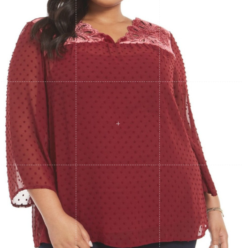 Style & Co Blouse Women's 0X Red Velvet Yoke Embroidered Sheer Boho Holiday Top